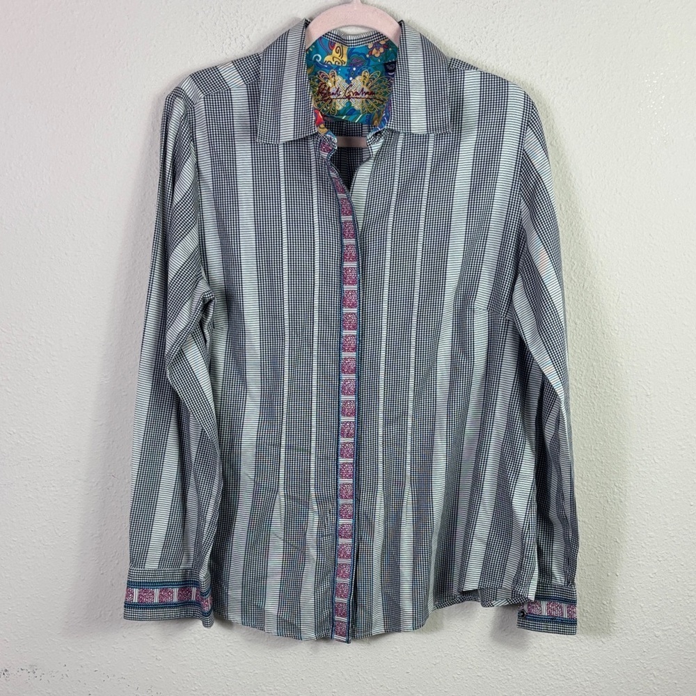 Robert Graham Button Down Shirt Black Houndstooth Flip Cuff Embroidered XL